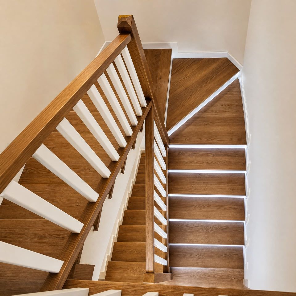 Escalera de madera instalada en Murcia por Escaleras Frangel, fabricantes con taller propio