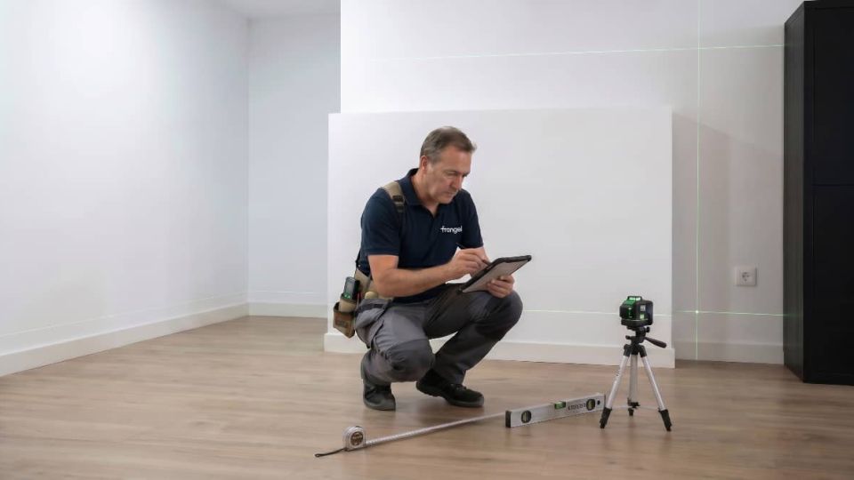 Técnico especialista en escaleras de madera voladas realizando toma de medidas.