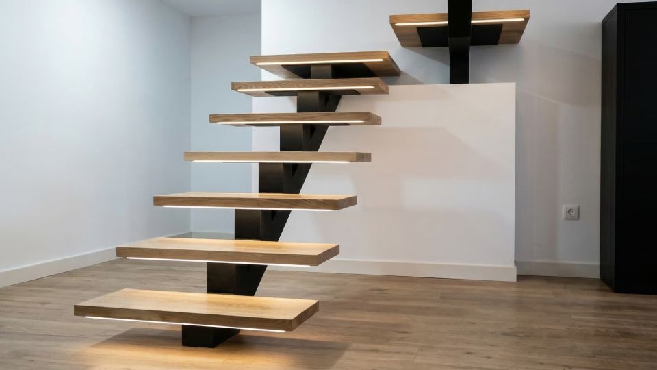 Escalera con peldaños flotantes de madera clara y luces LED blancas de alta intensidad.