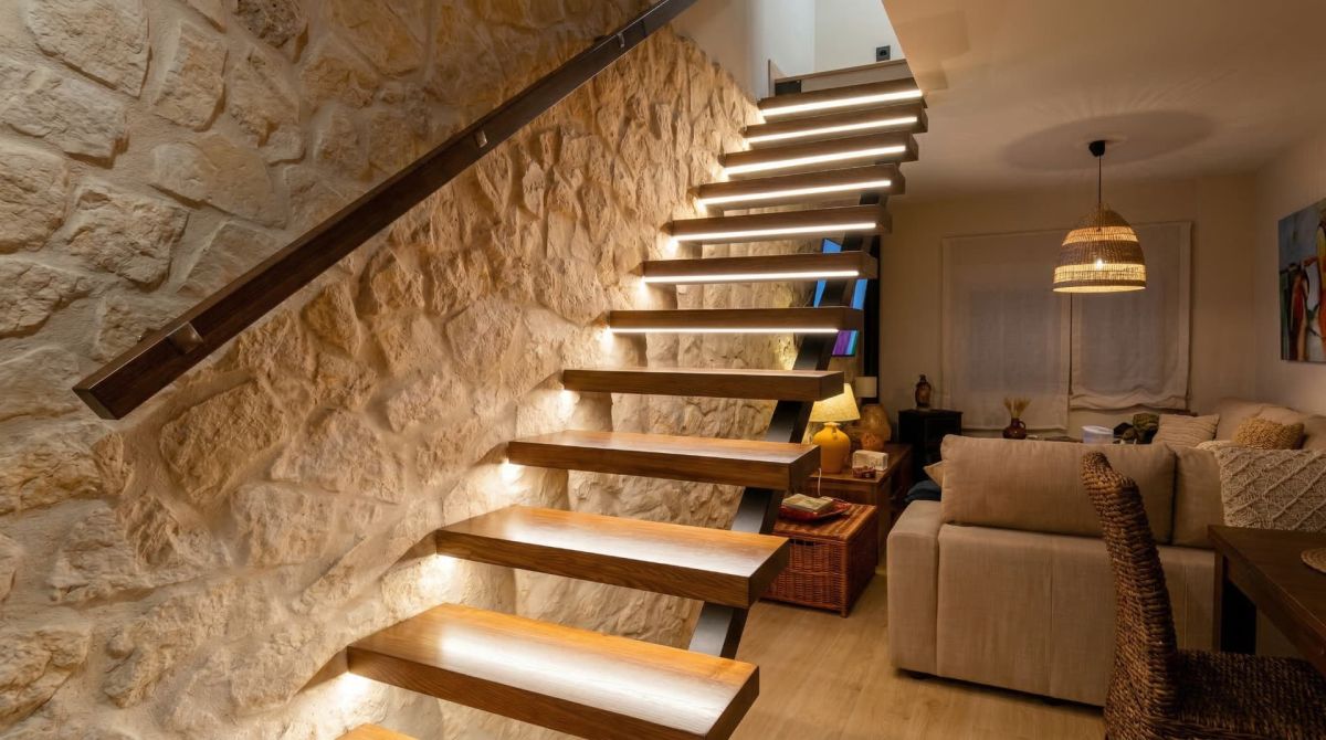 Escalera de madera volada con iluminación LED integrada en salón moderno y minimalista