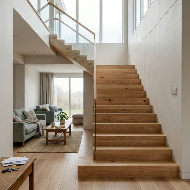 Una amplia escalera de madera en L integrada en un salón luminoso de concepto abierto, con peldaños de madera natural, barandilla de cristal y una estructura robusta que aporta un estilo nórdico y contemporáneo al hogar.