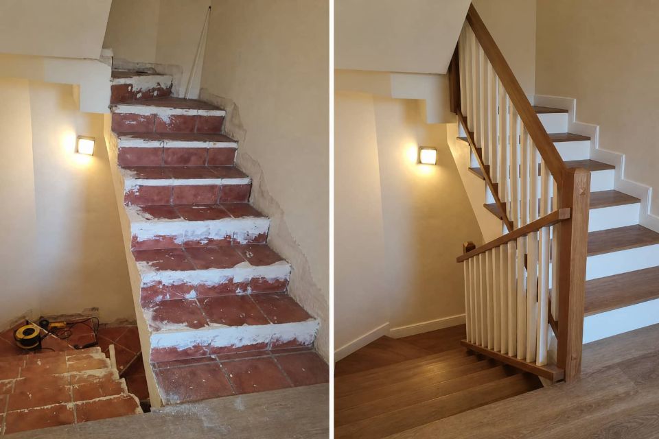 Antes y después de la instalación de una escalera de madera a medida en Murcia